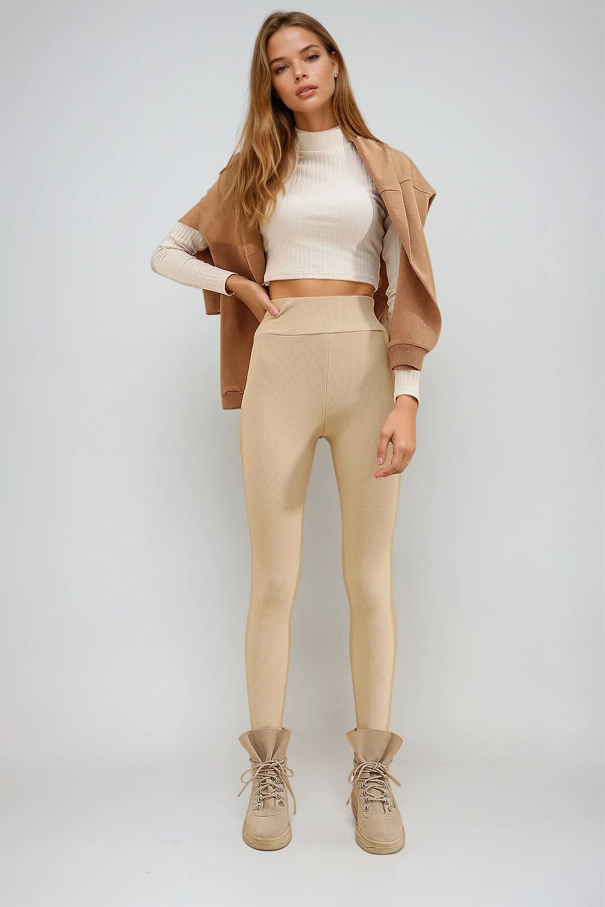 Bej Yüksek Bel Fitilli Likralı Ottoban Tayt