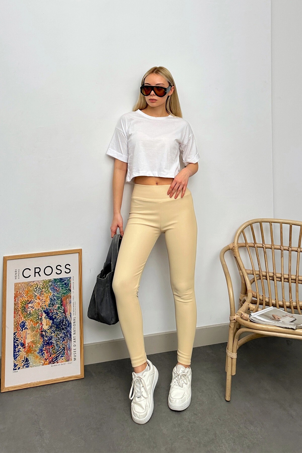 Bej Yüksek Bel Fitilli Likralı Ottoban Tayt