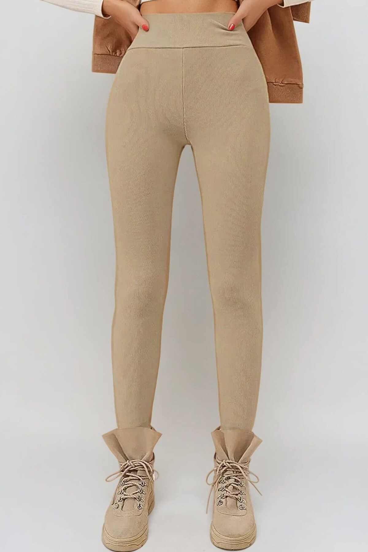 Bej Yüksek Bel Fitilli Likralı Tayt