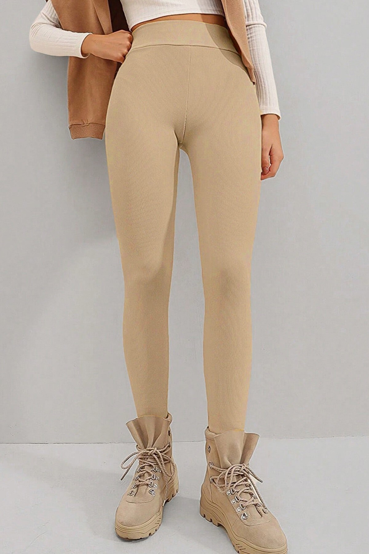 Bej Yüksek Bel Fitilli Likralı Tayt
