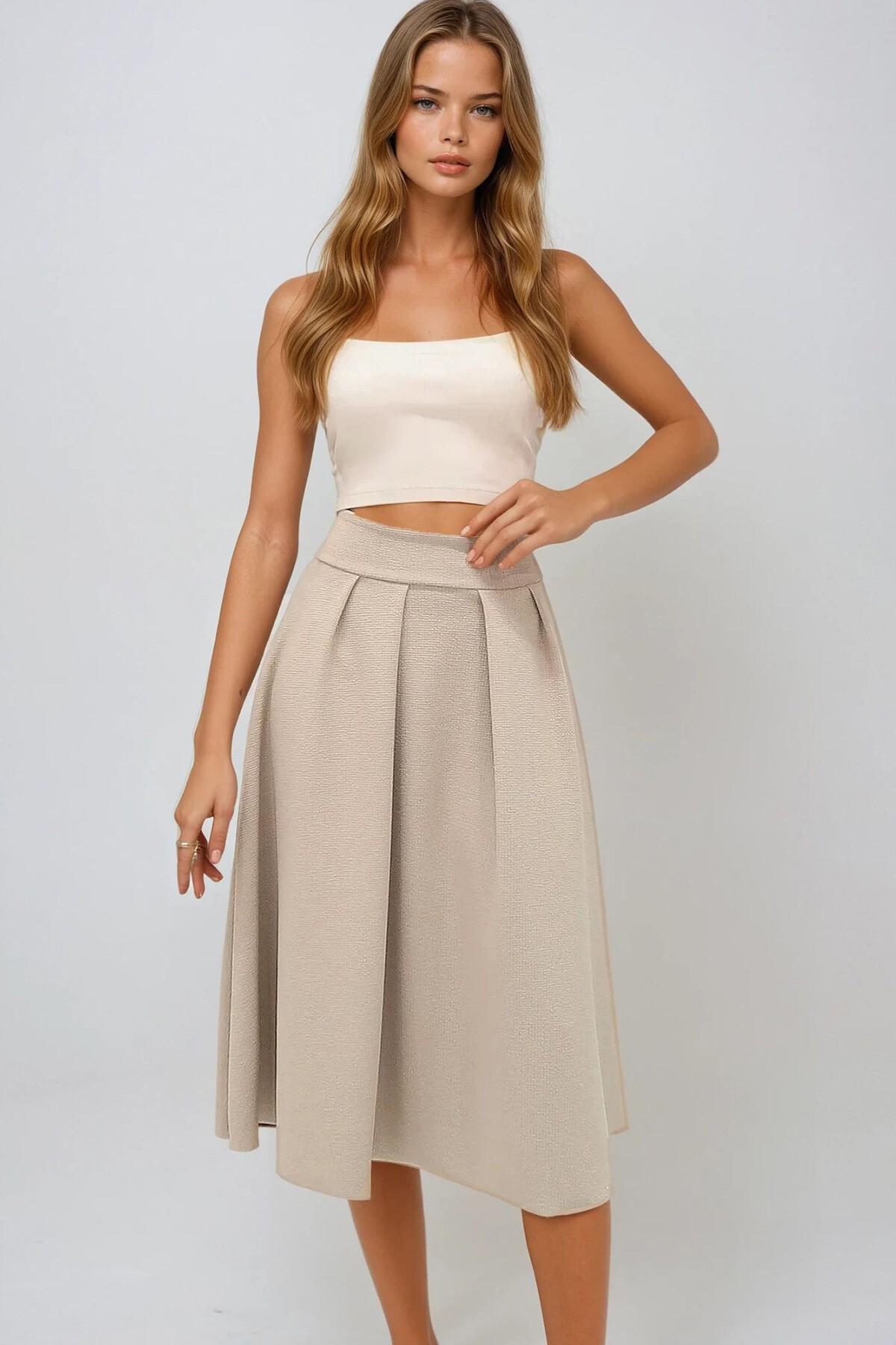 Bej Yüksek Bel Geniş Kemerli Gizli Fermuarlı Midi Boy Dokulu Etek