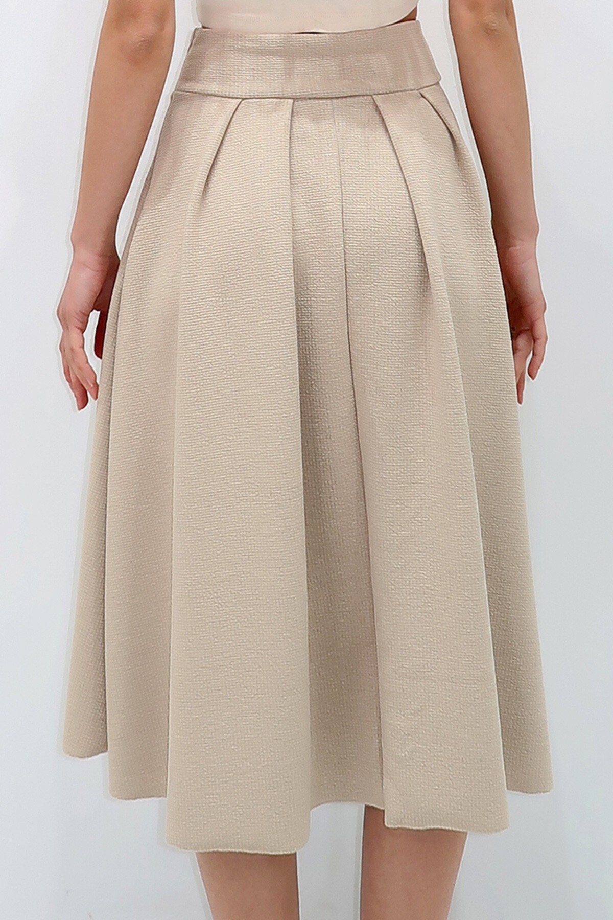 Bej Yüksek Bel Geniş Kemerli Gizli Fermuarlı Midi Boy Dokulu Etek
