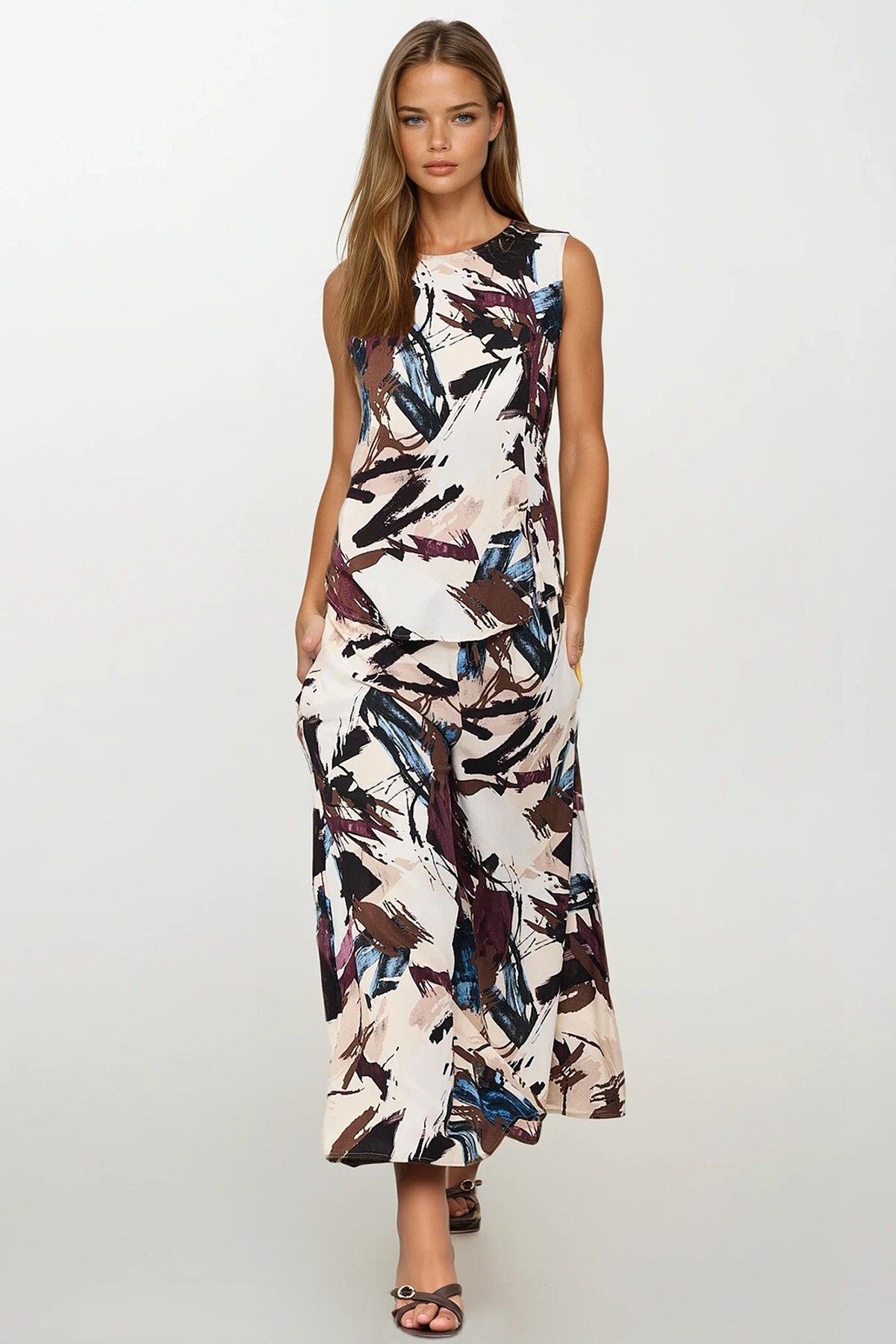 Ekru Kahve Beli Bağlamalı Çift Cepli Pantolon Ve Bluz Takım