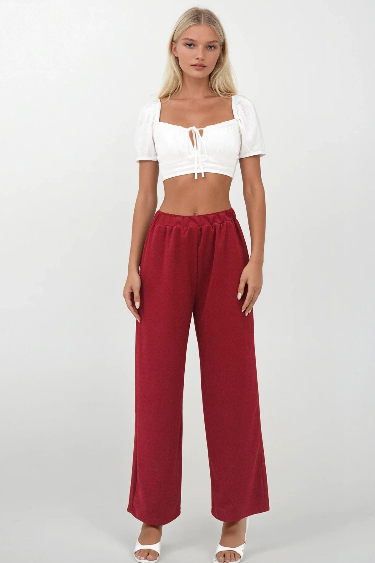 Bordo Beli Lastikli Aerobin Palazzo Pantolon