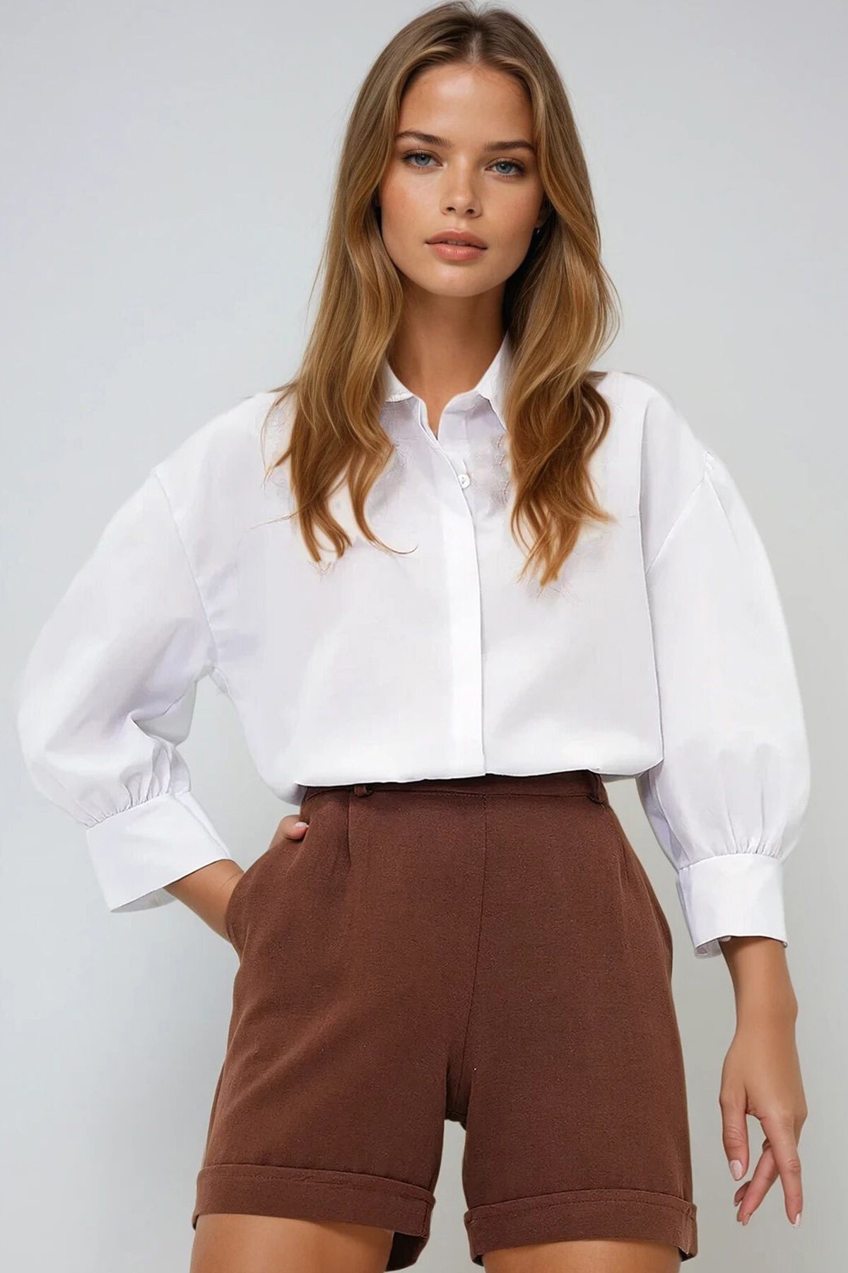 Beyaz Balon Kol Gizli Patlı Dokuma Gömlek