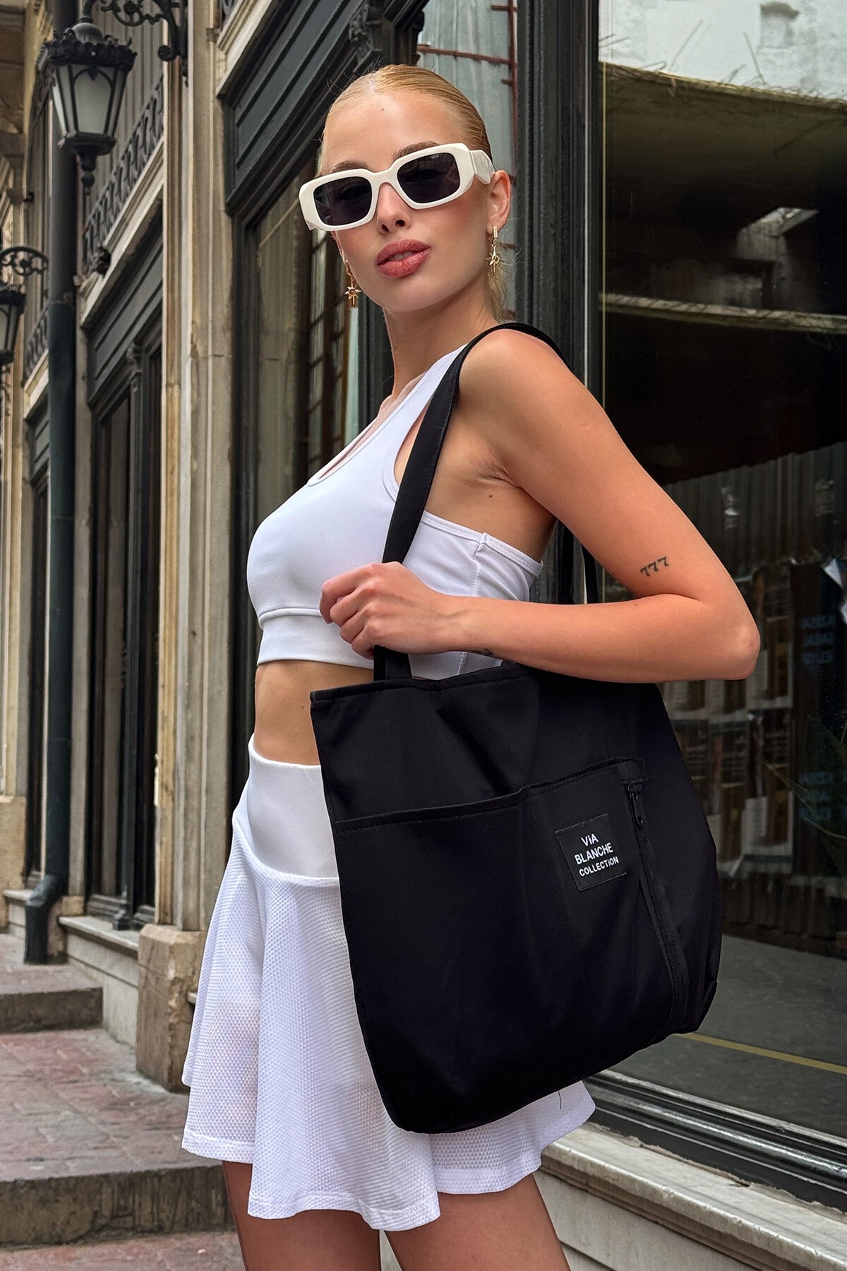 Beyaz Beli Lastikli Şort Etek Crop Atlet Çanta Ve Kare Güneş Gözlüğü Takım Stay Fit V00024