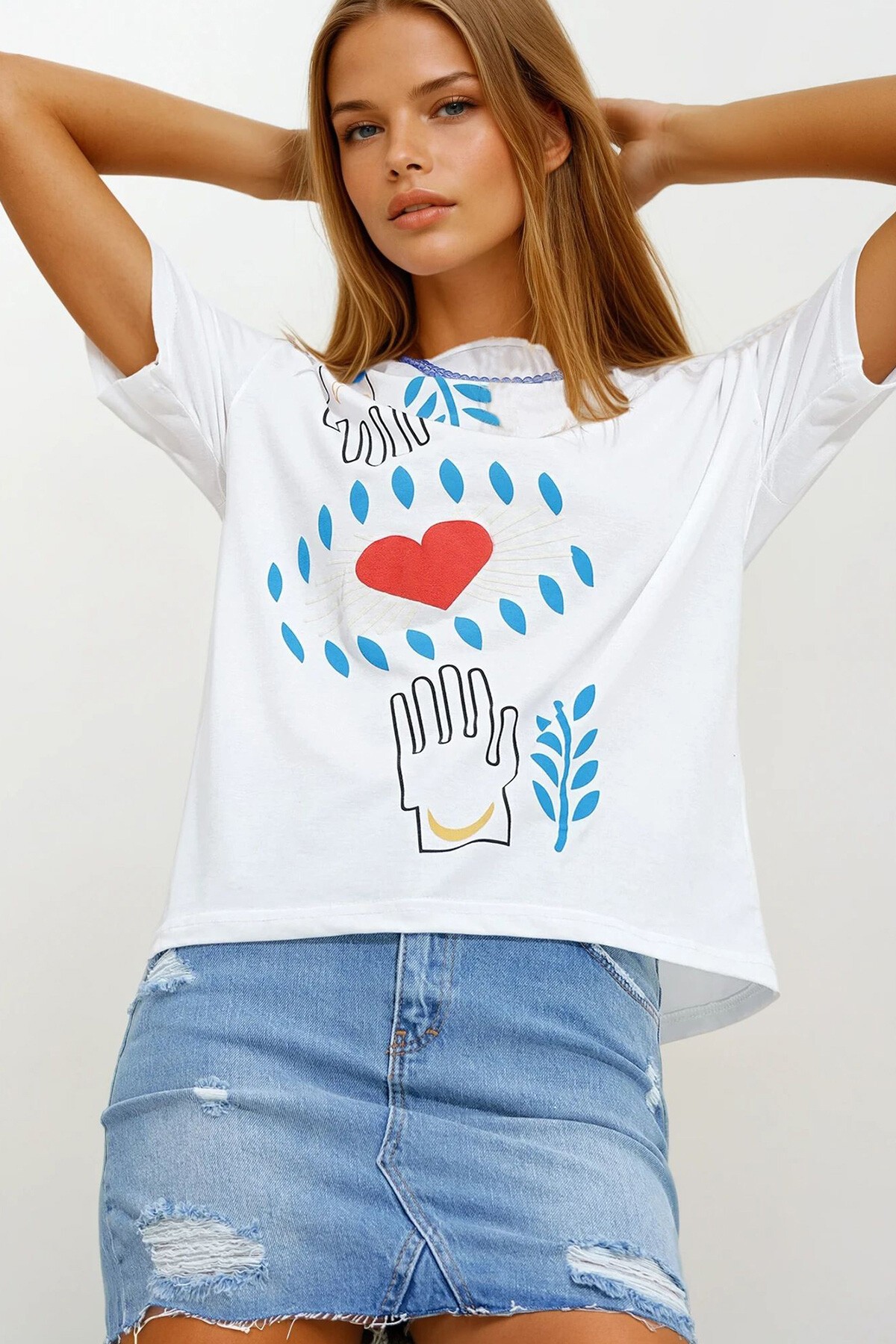 Beyaz Bisiklet Yaka Baskılı Oversize Penye T-Shirt