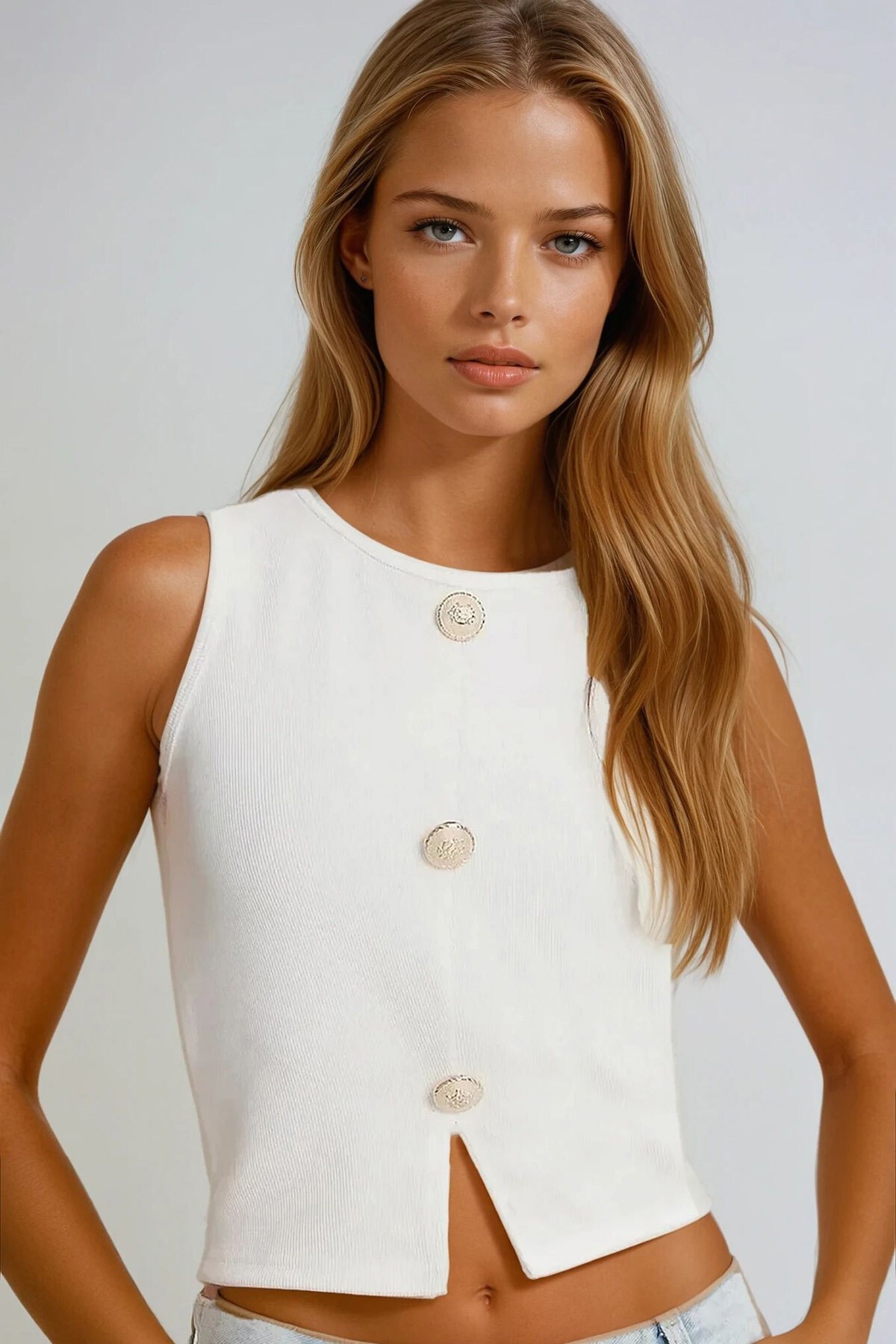 Beyaz Bisiklet Yaka Gold Düğme Detaylı Ottoban Bluz