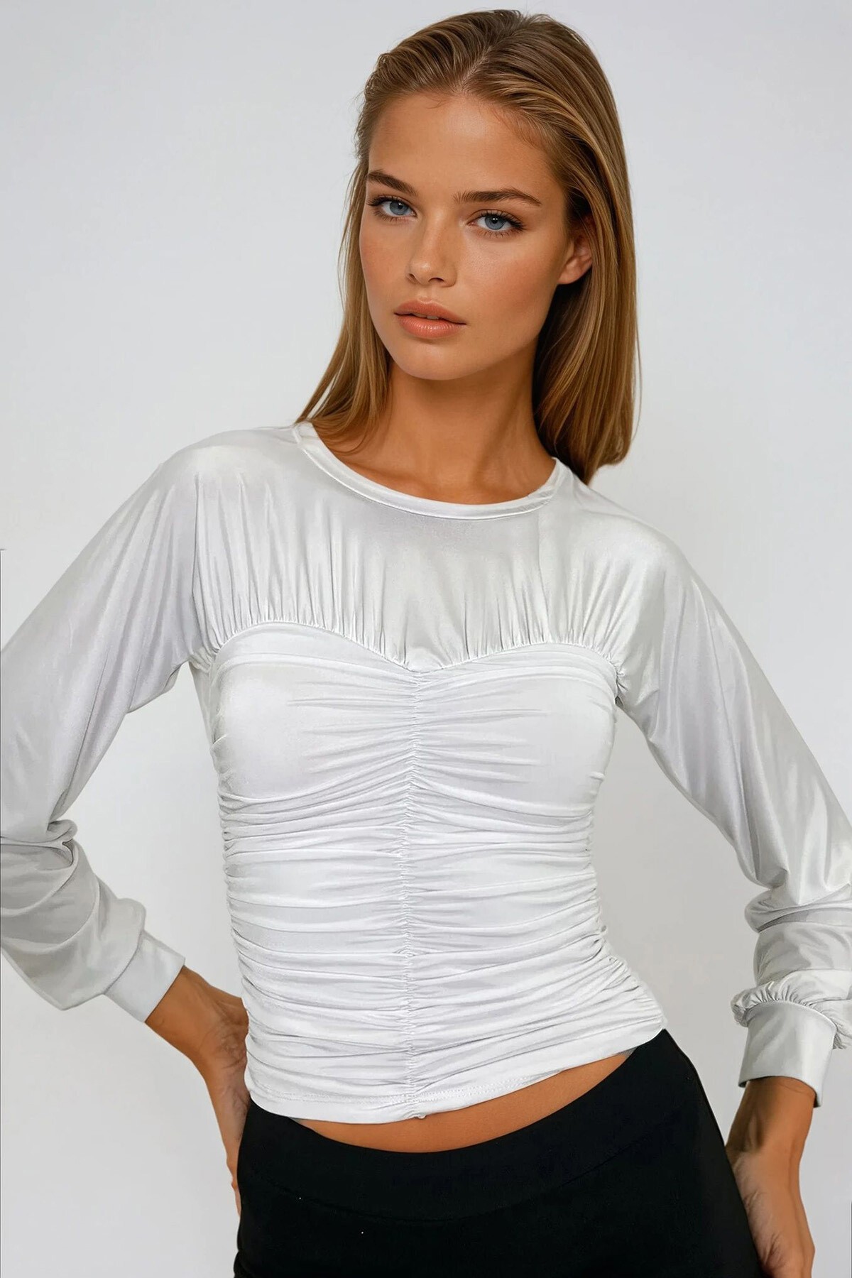 Beyaz Bisiklet Yaka Önü Drapeli Sandy Bluz