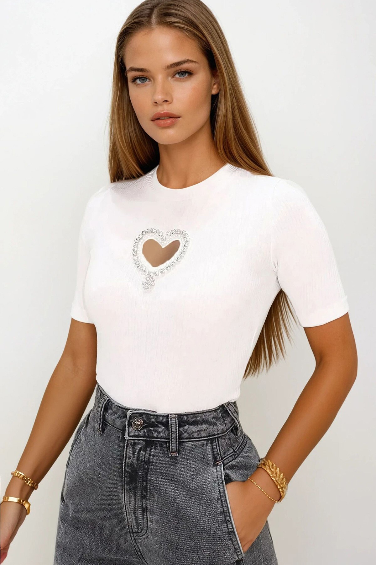 Beyaz Bisiklet Yaka Taş İşlemeli Kaşkorse  Bluz