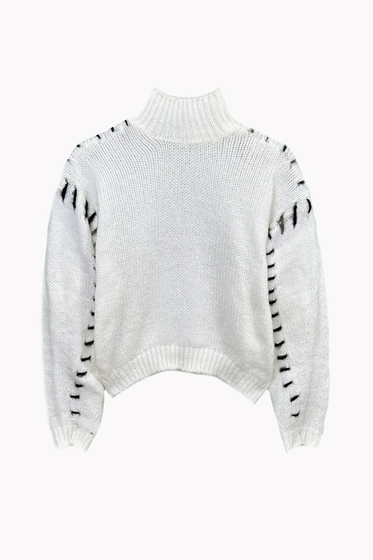 Beyaz Bloklu Triko Kazak