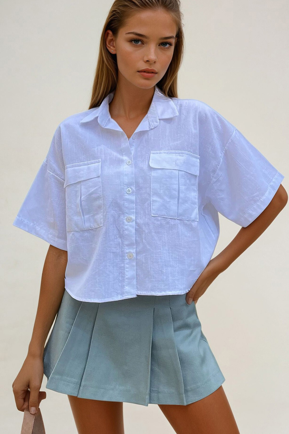 Beyaz Çift Cepli Yarım Kol Keten Gömlek