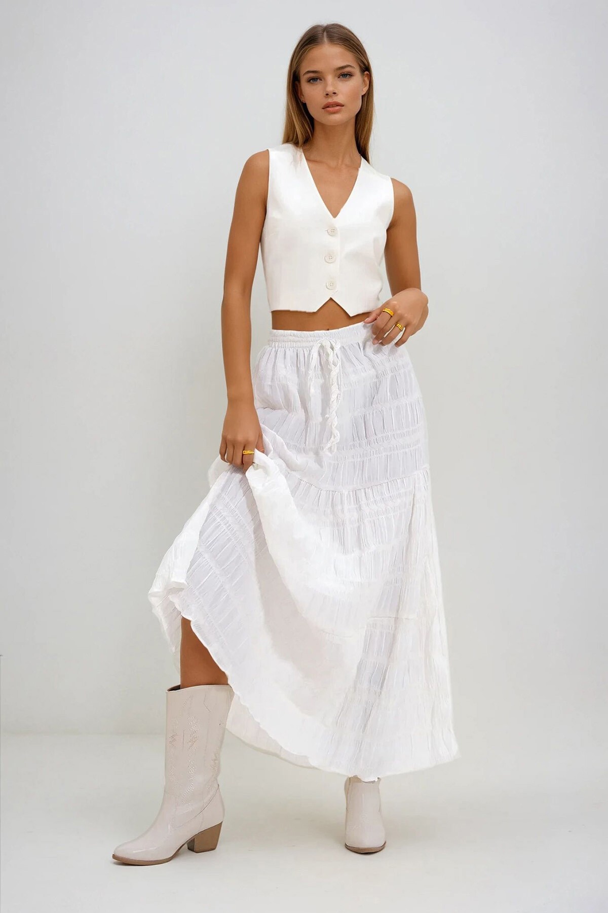 Beyaz Dantel Detaylı Bohem Etek