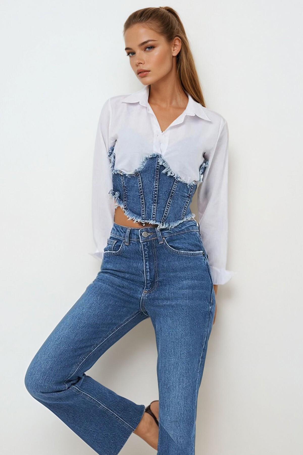 Beyaz Denim Korsajlı Tasarım Gömlek