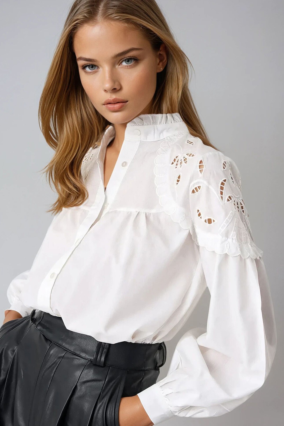 Beyaz Hakim Yaka Güpür Detaylı Premıum Gömlek