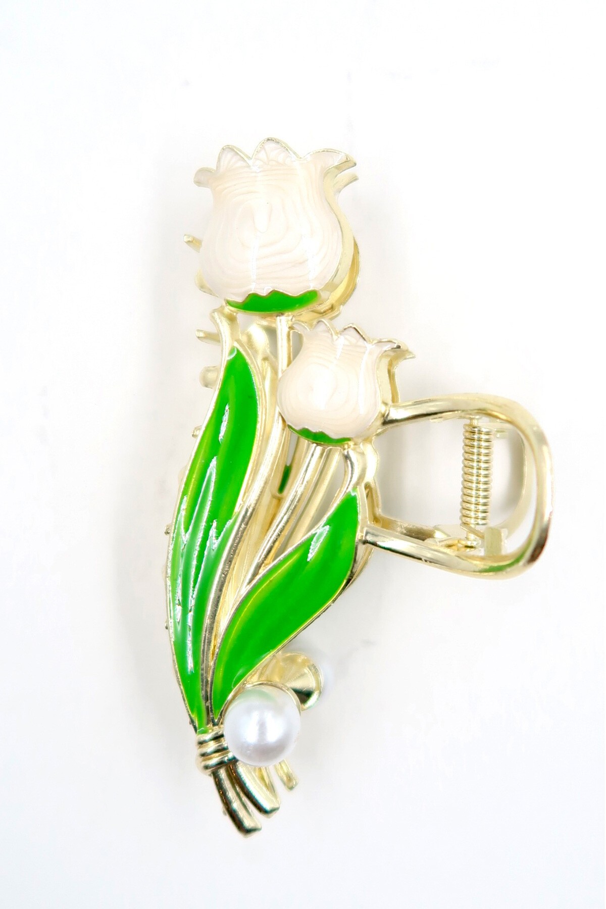 Beyaz Kabartlı Mineli İncili Lale Saç Tokası