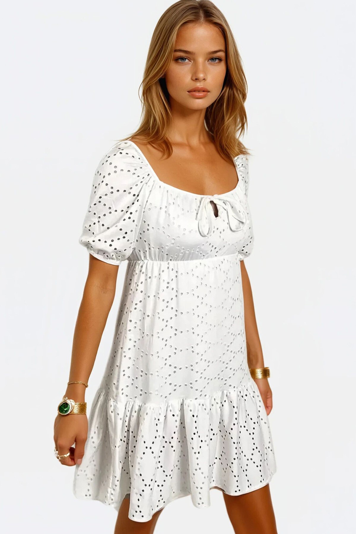 Beyaz Kare Yaka Balon Kol Poplin  Mini Elbise