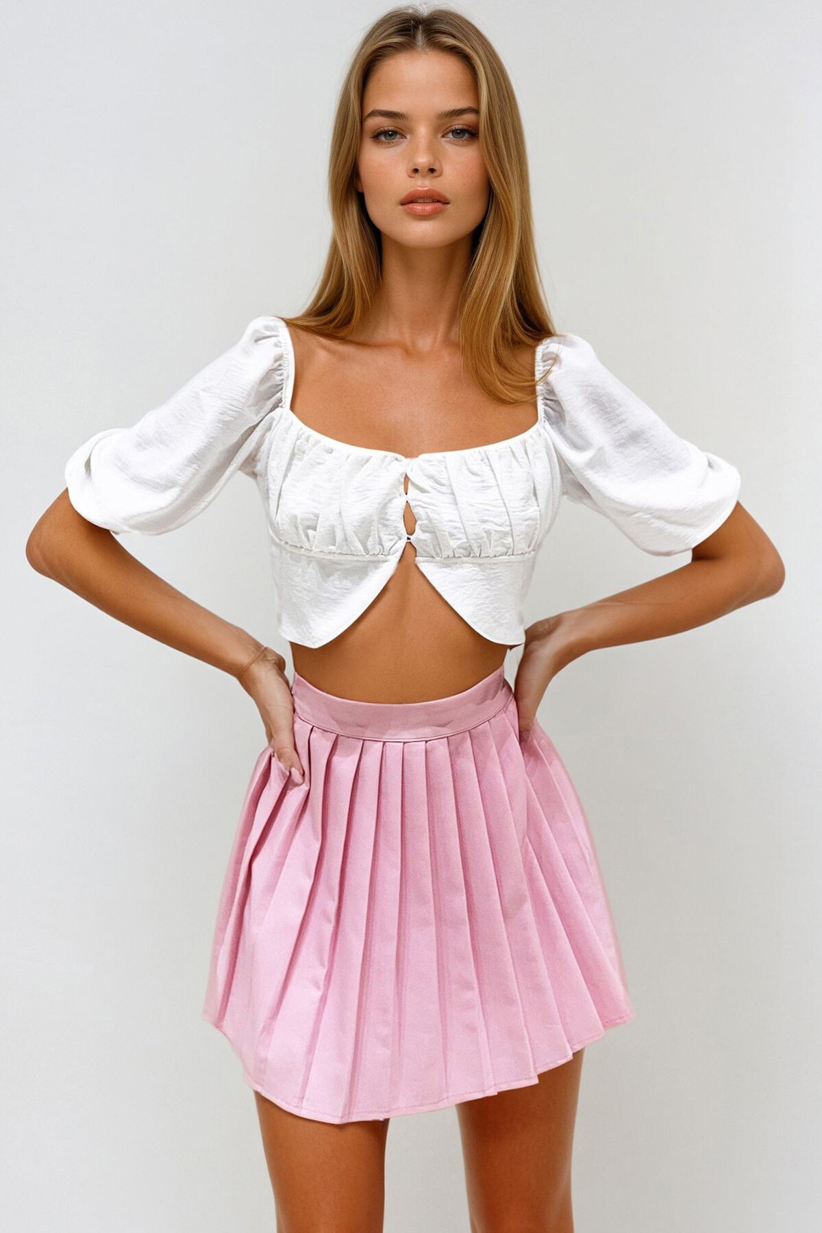 Beyaz Kare Yaka Büzgü Detaylı Düğme Kapamalı Crop Bluz