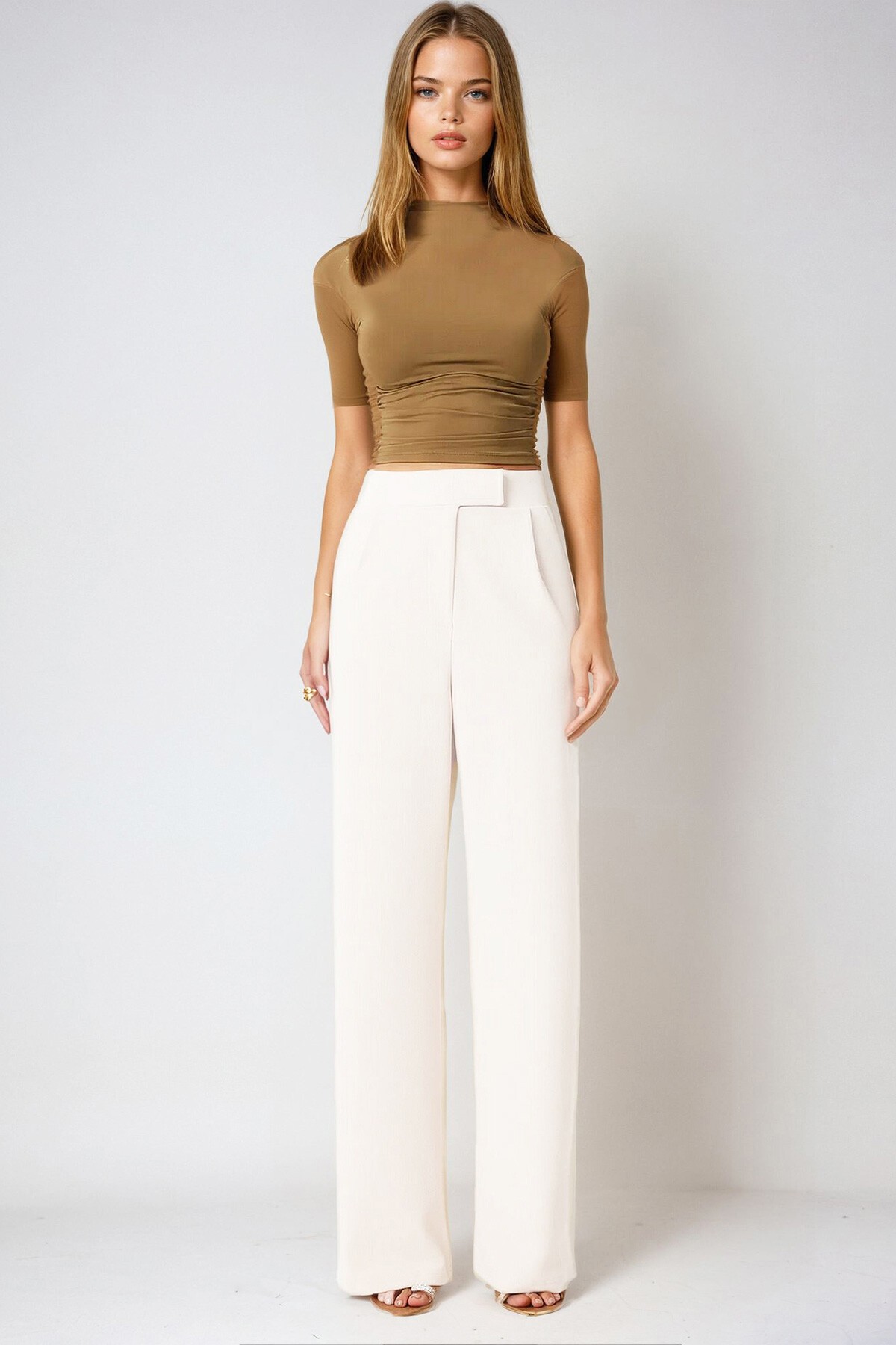 Beyaz Likralı Cırt Kapamalı Çift Cepli Palazzo Pantalon