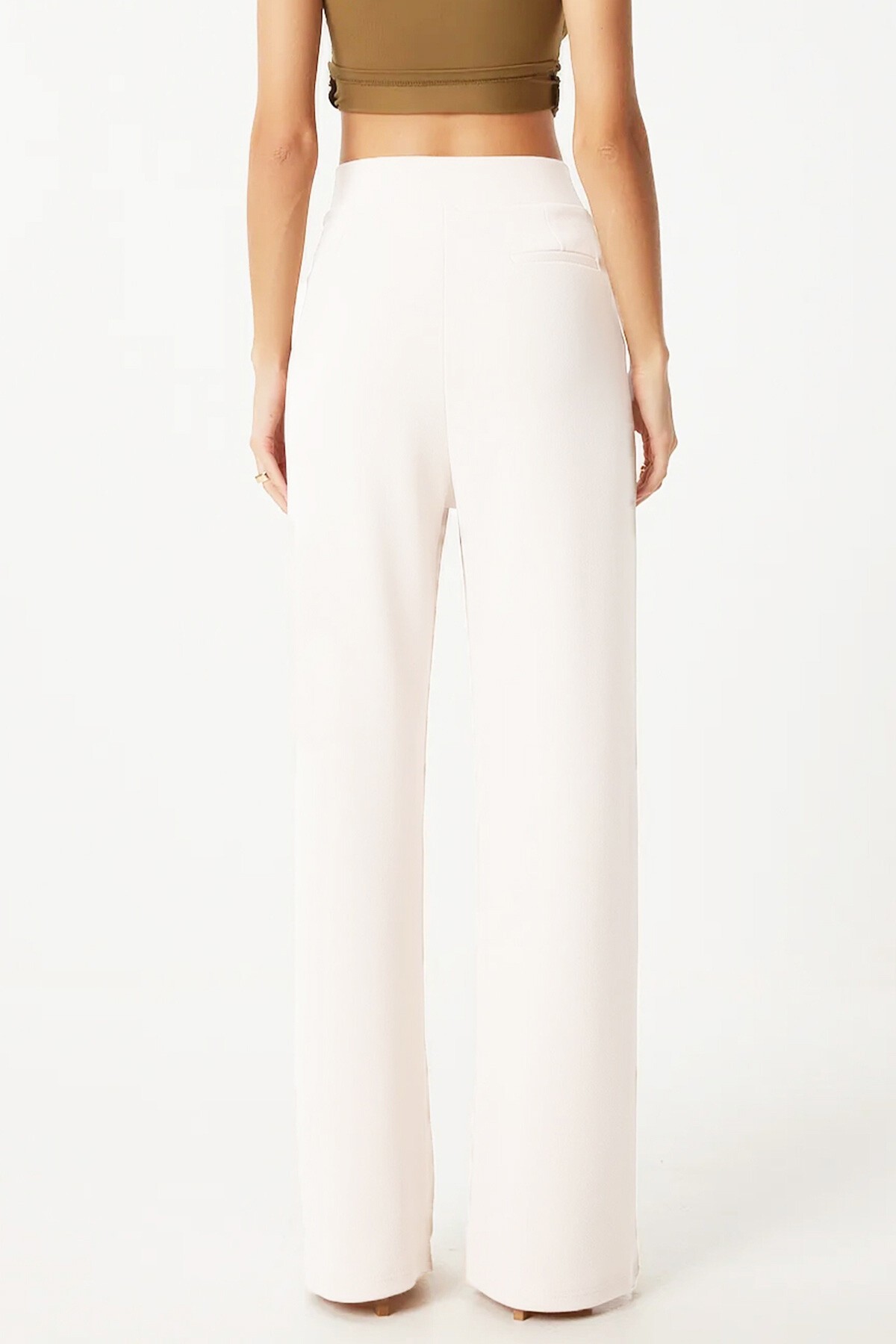 Beyaz Likralı Cırt Kapamalı Çift Cepli Palazzo Pantalon