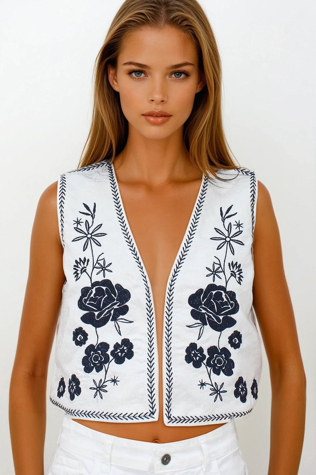 Beyaz Nakış Detaylı Astarlı Dokulu Crop Yelek