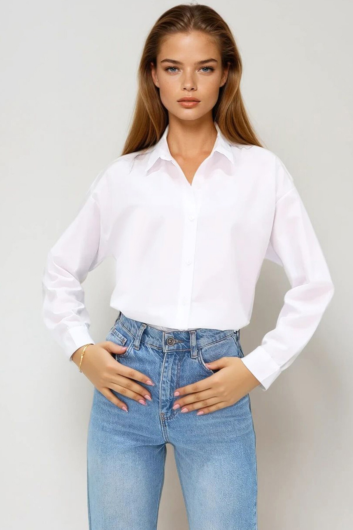 Beyaz Oversize Uzun Dokuma Gömlek