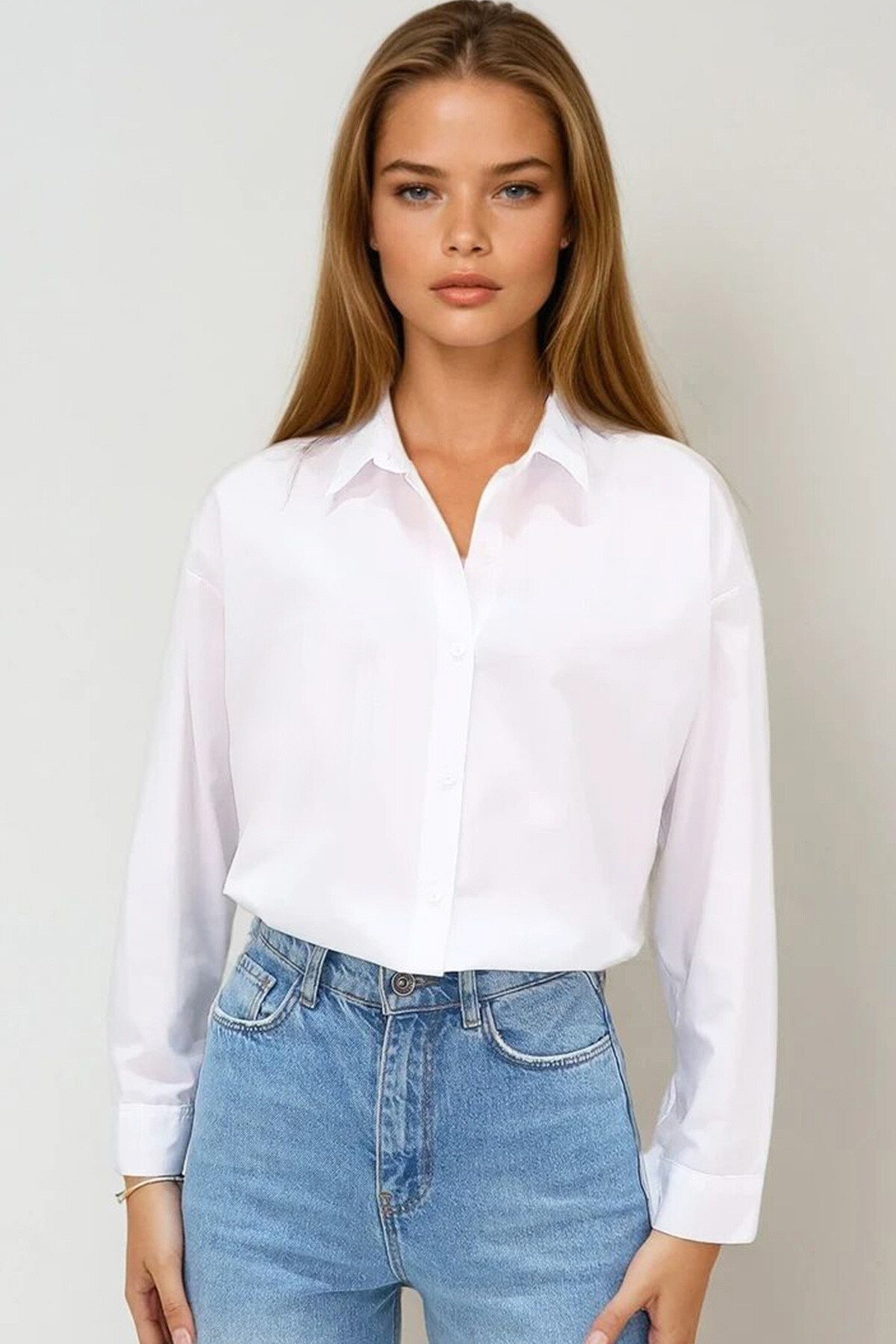 Beyaz Oversize Uzun Dokuma Gömlek