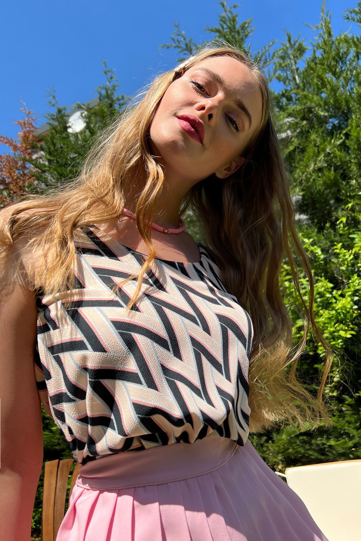 Pudra Bisiklet Yaka Arkası İp Detaylı Çift Katlı Askılı Bluz