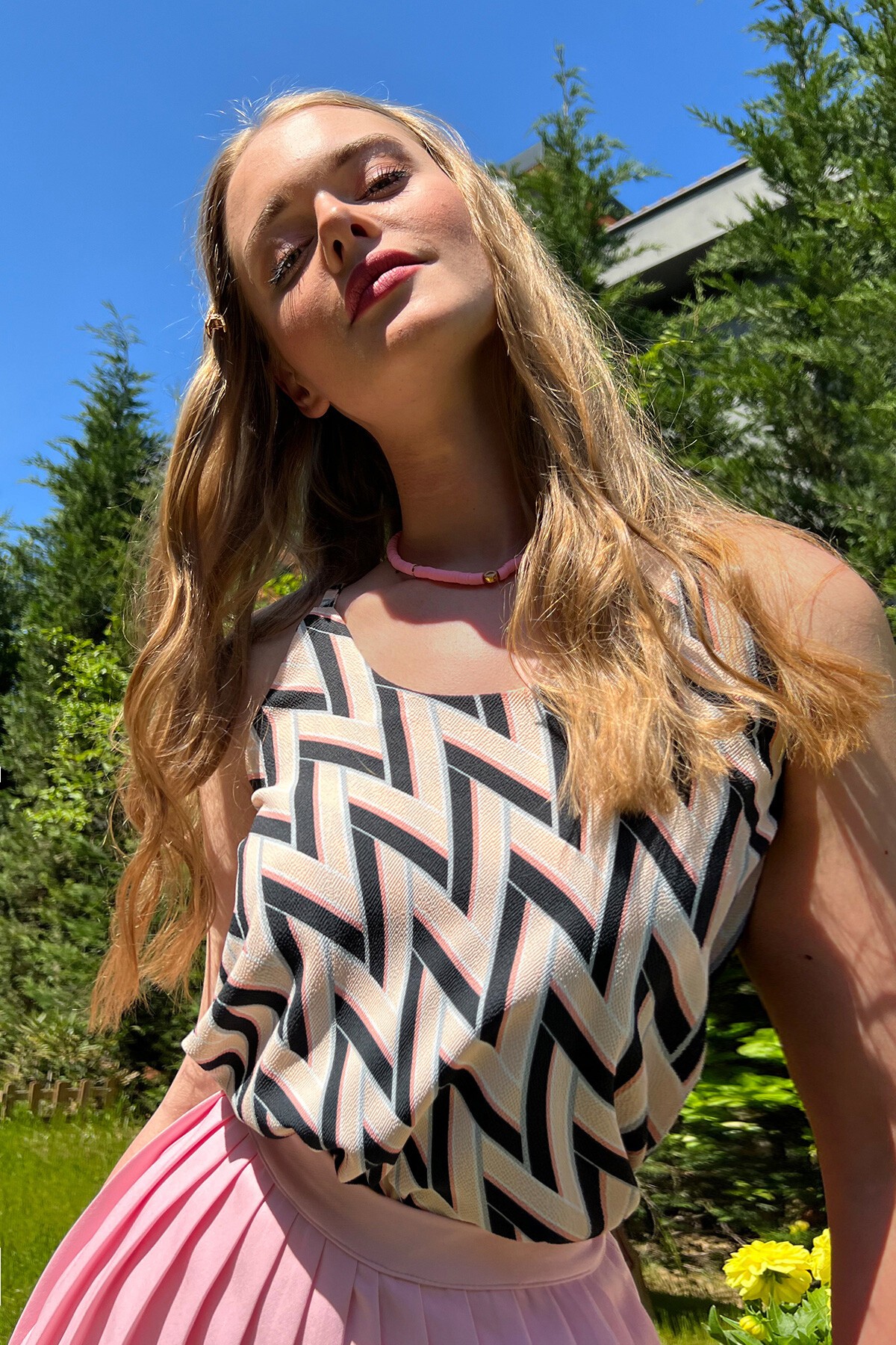 Pudra Bisiklet Yaka Arkası İp Detaylı Çift Katlı Askılı Bluz