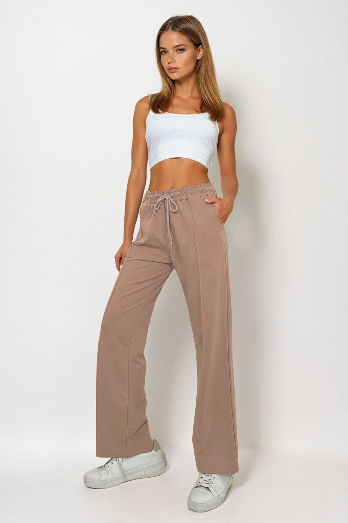 Bisküvi Yüksek Bel Önü Çimalı Bol Paça Çift Cepli Eşofman Altı