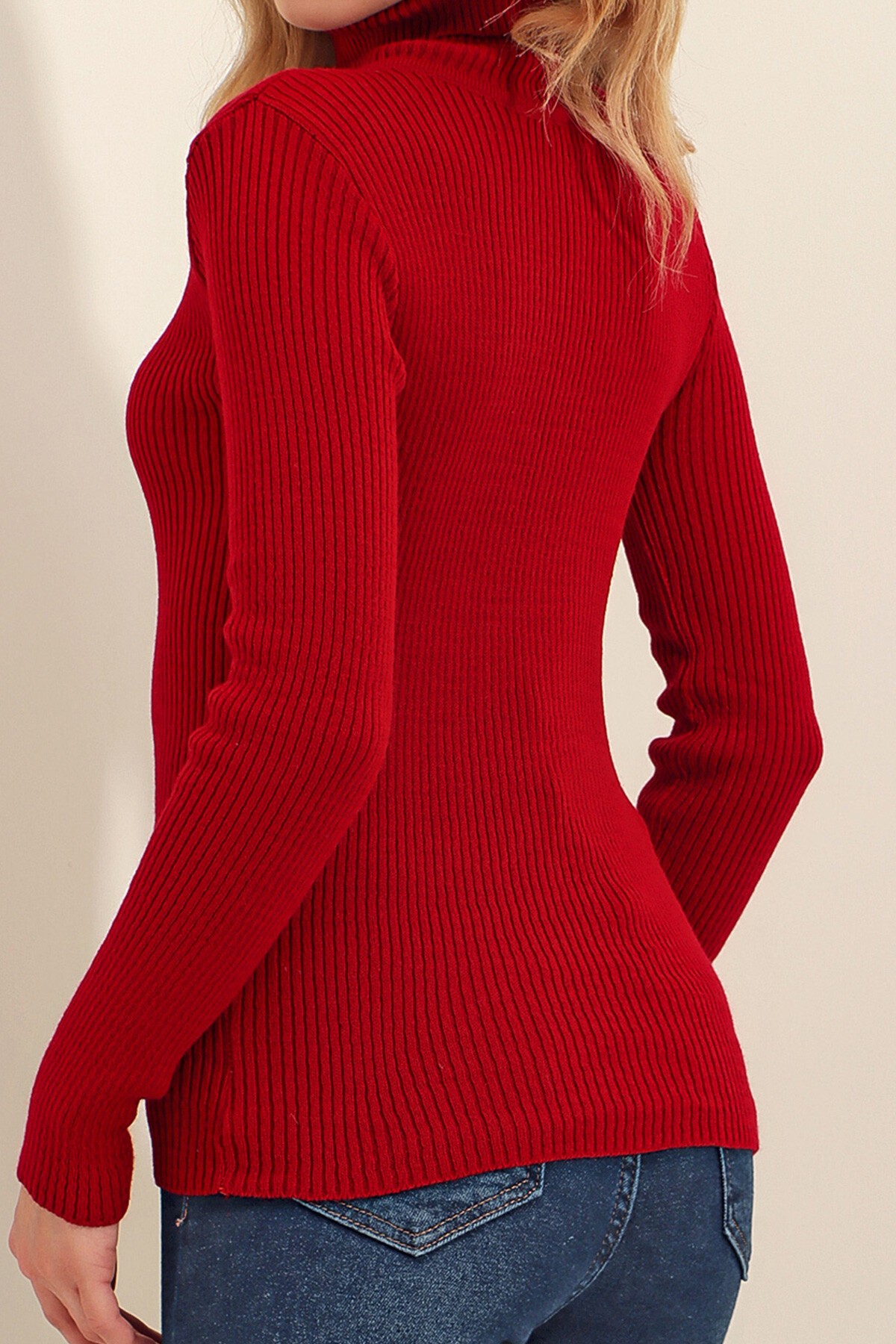 Bordo Balıkçı Yaka Fitilli Triko Kazak