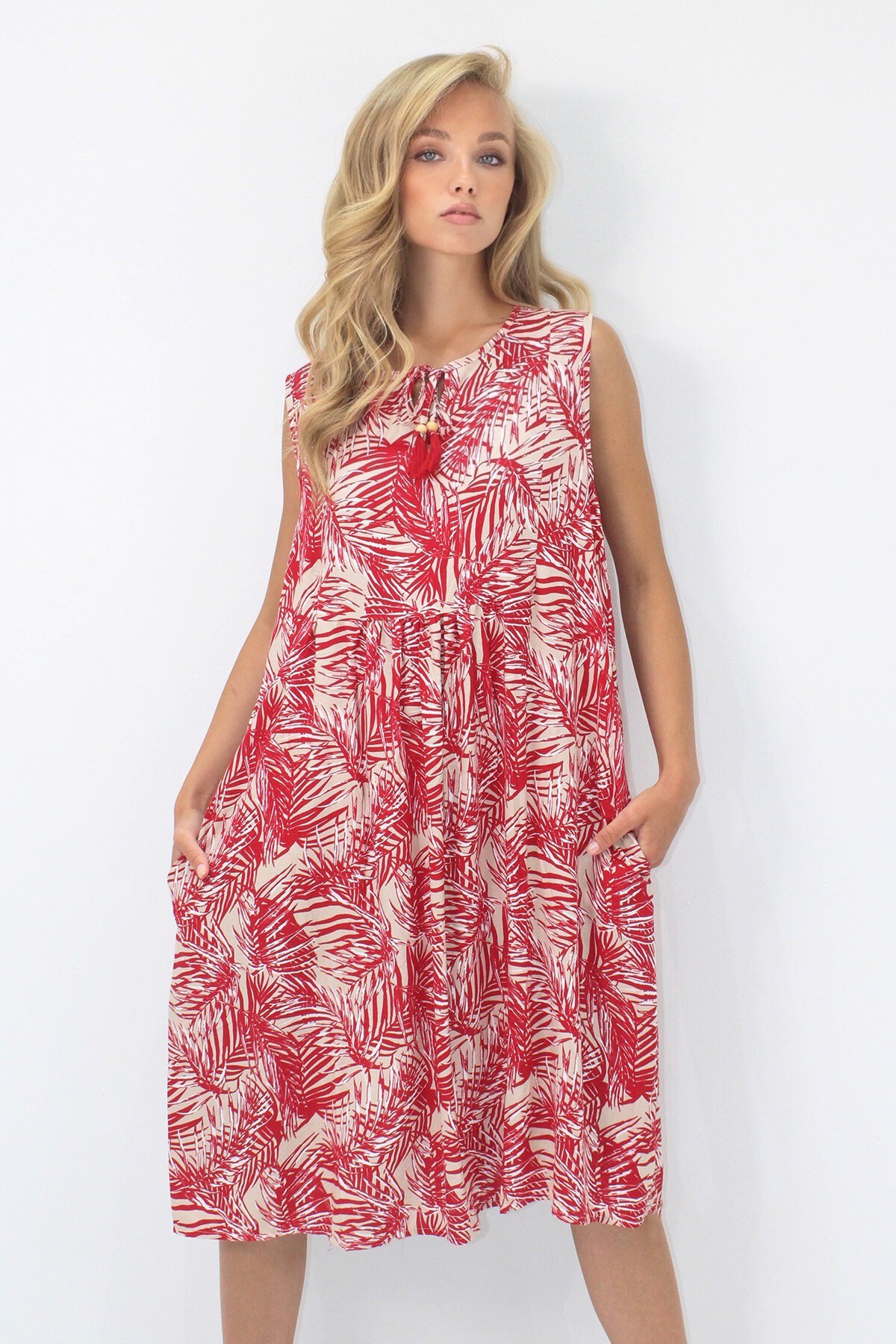 Bordo Bisiklet Yaka Bağlama Detaylı Desenli Çift Cepli Dokuma Viskon Elbise