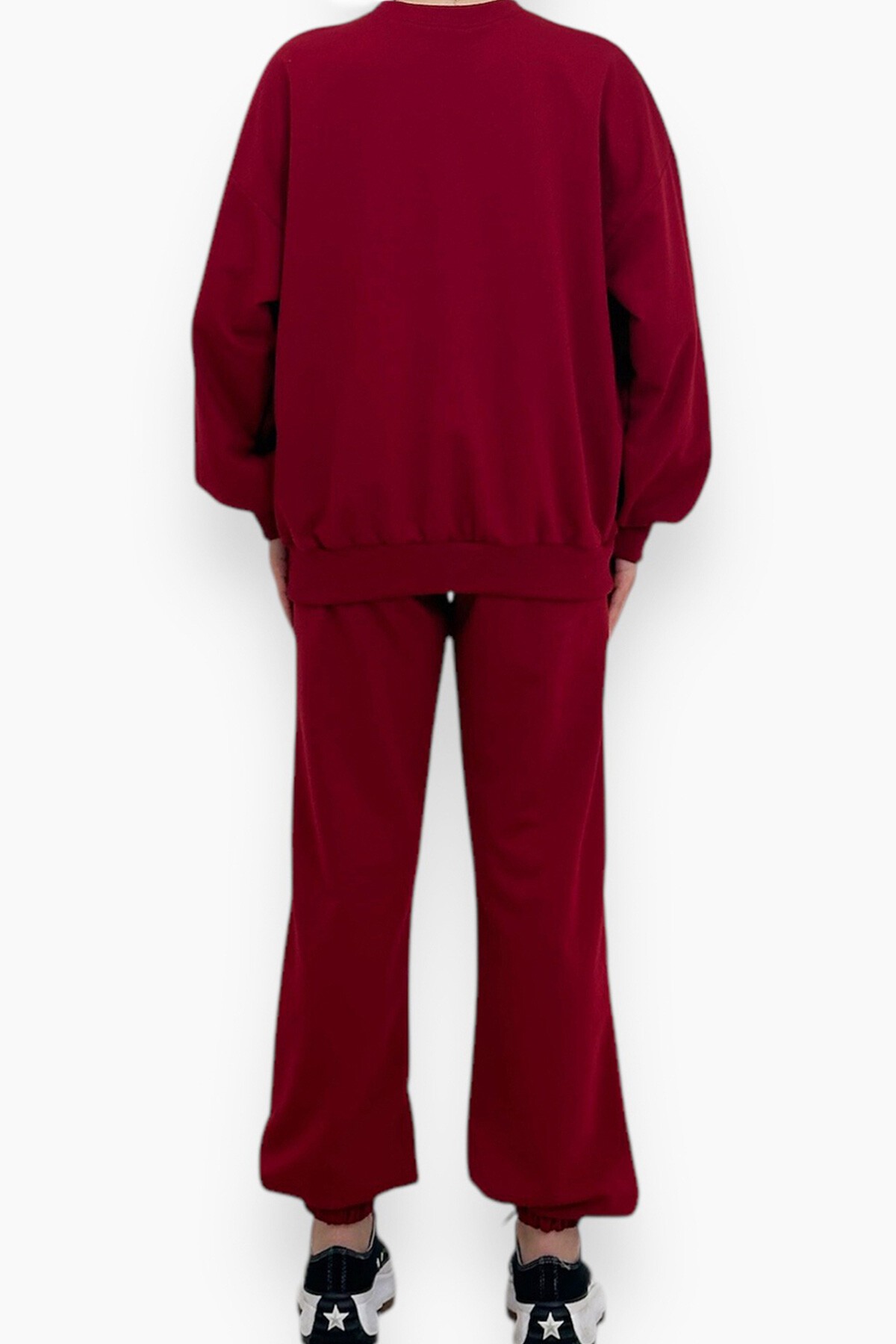 Bordo Bisiklet Yaka Beli Ve Paçası Lastikli İki İplik Basic Eşofman Takımı