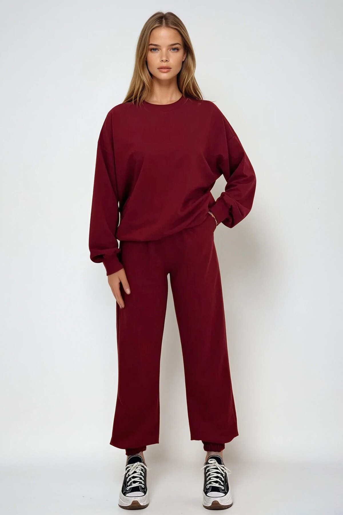 Bordo Bisiklet Yaka Beli Ve Paçası Lastikli İki İplik Basic Eşofman Takımı