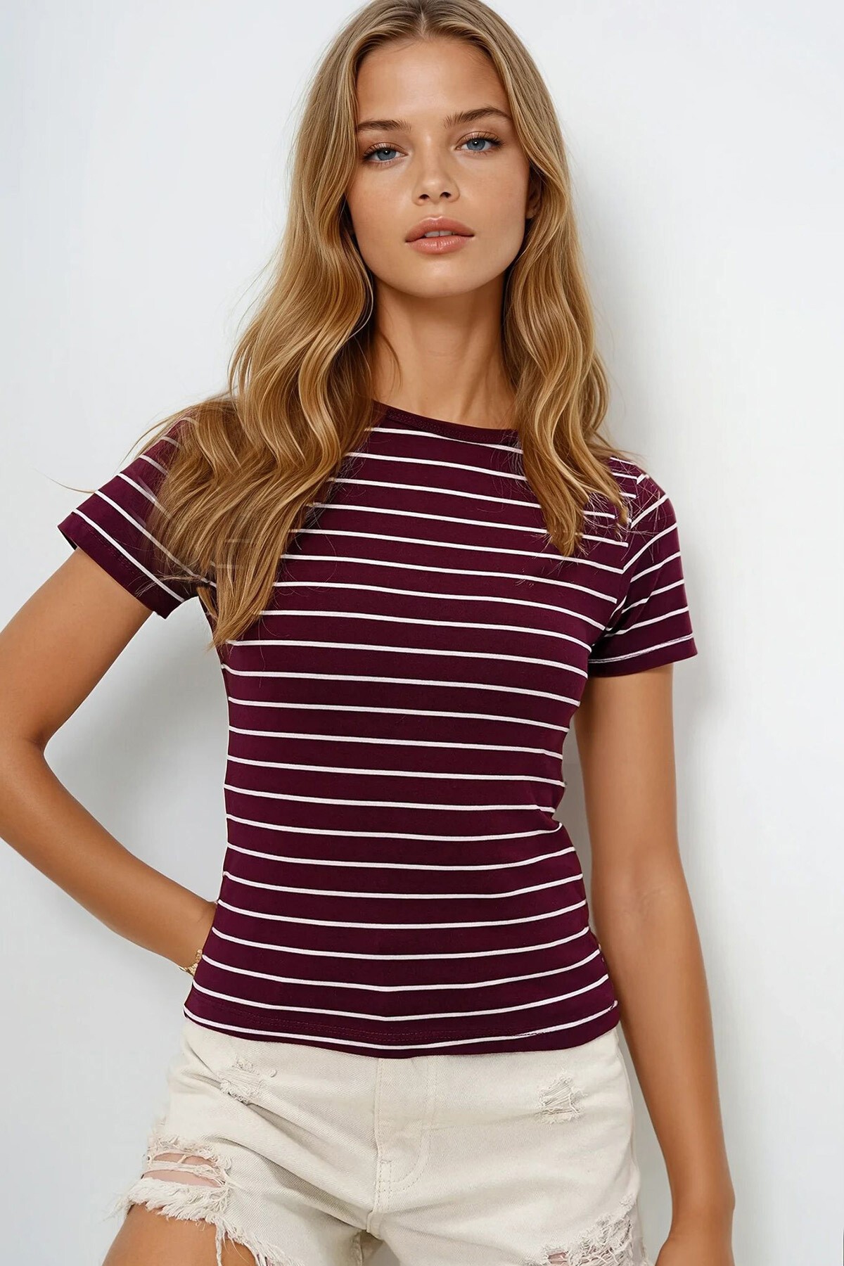 Bordo Bisiklet Yaka Çizgili T Shırt