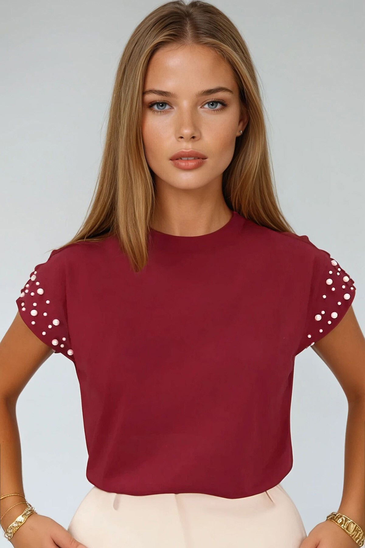 Bordo Bisiklet Yaka İnci Çakımlı Kolsuz  Bluz