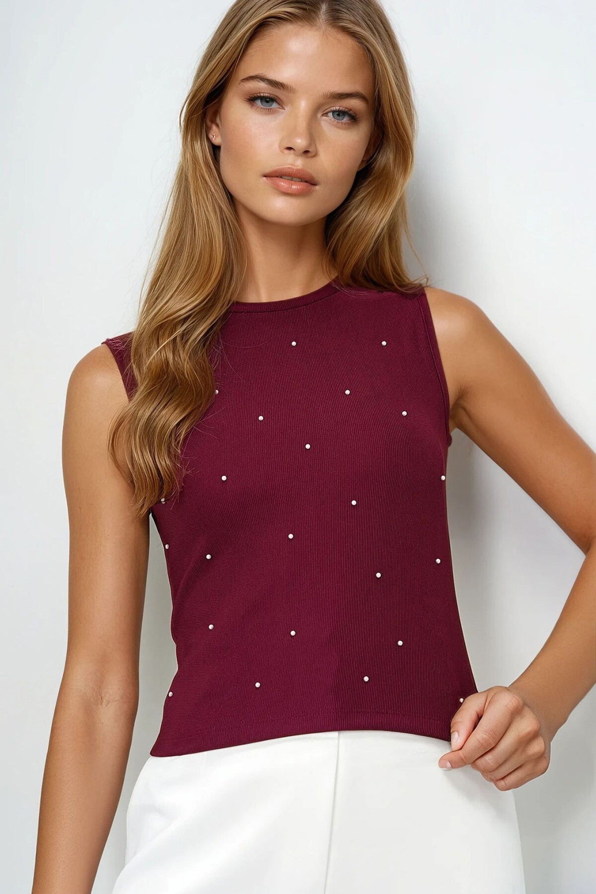 Bordo Bisiklet Yaka İnci Çakımlı Yazlık Crop Bluz