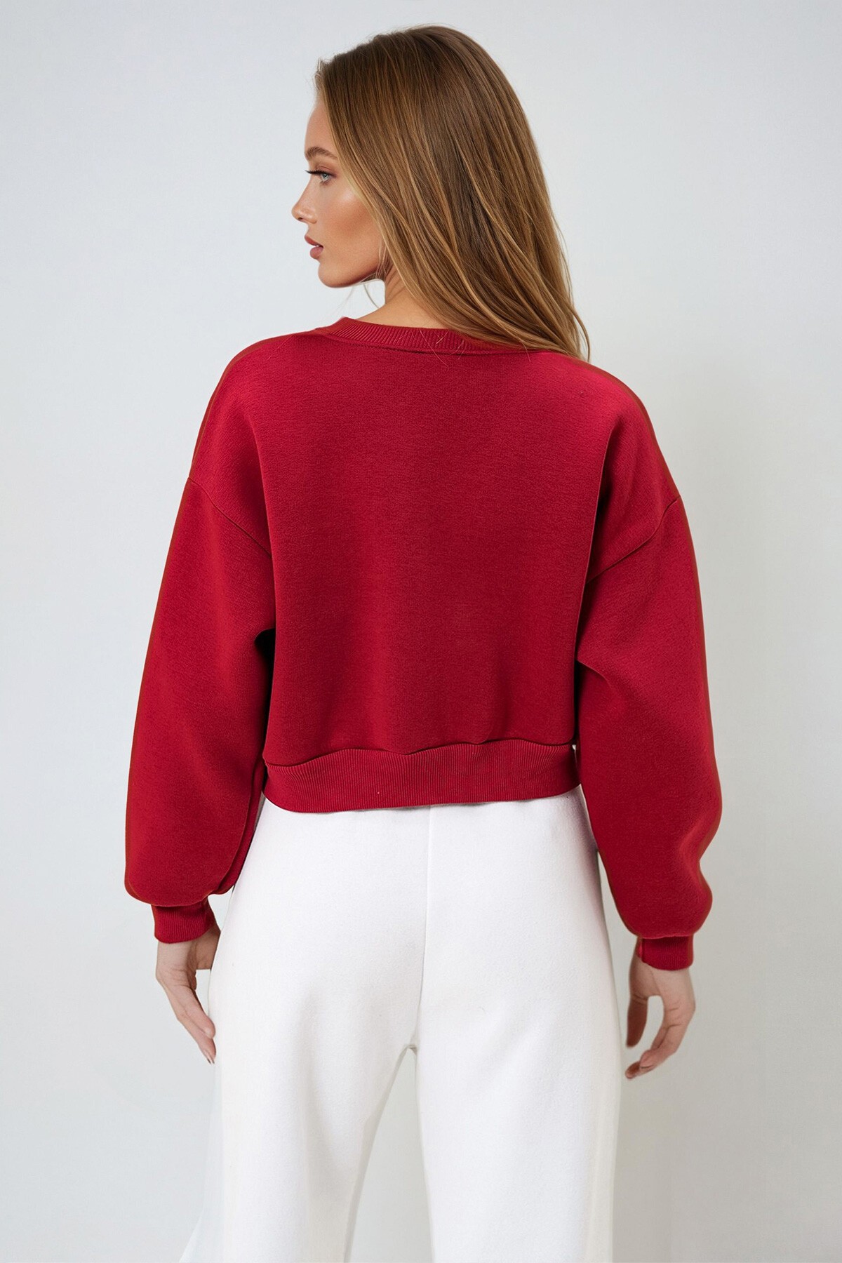 Bordo Bisiklet Yaka Kol Ve Yaka Baskı Detaylı Üç İplik Şardonlu Sweatshırt