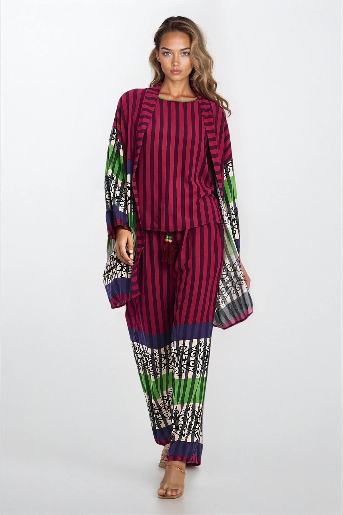 Bordo Bisiklet Yaka Kolsuz Bluz Lastikli Pantolon Ve Kimono Büyük Beden Takım