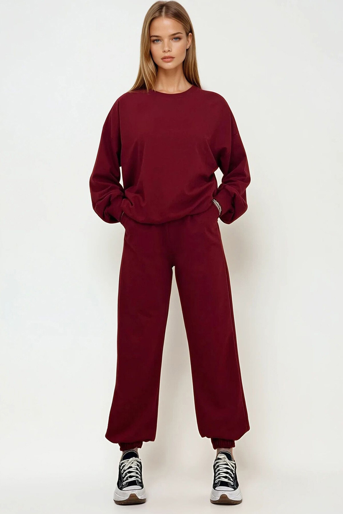 Bordo Bisiklet Yaka Mevsimlik İki İplik Eşofman Takım