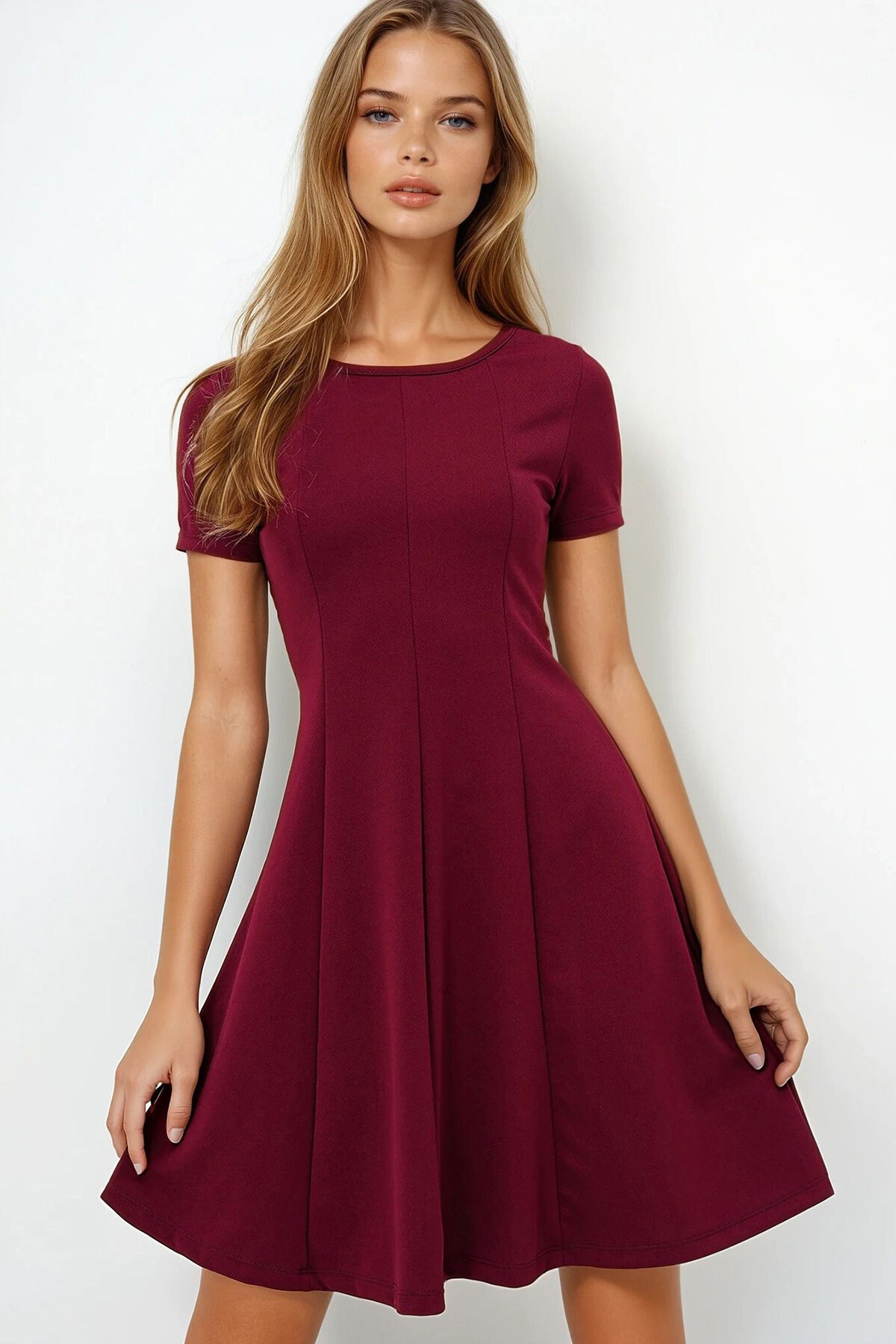 Bordo Bisiklet Yaka Parçalı Örme Krep Midi Boy Elbise