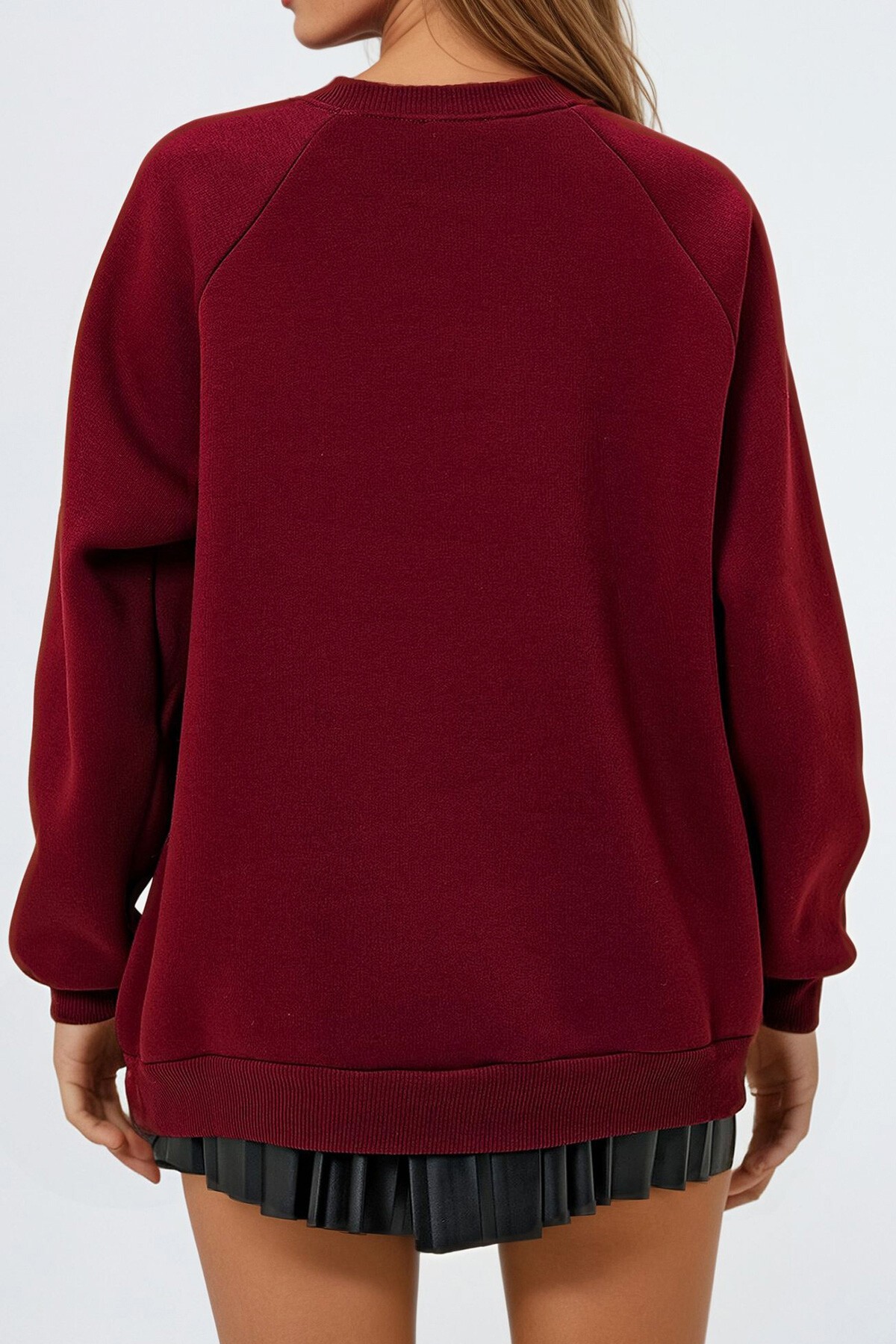 Bordo Bisiklet Yaka Reglan Kol Üç İplik Şardonlu Basic Sweatshırt