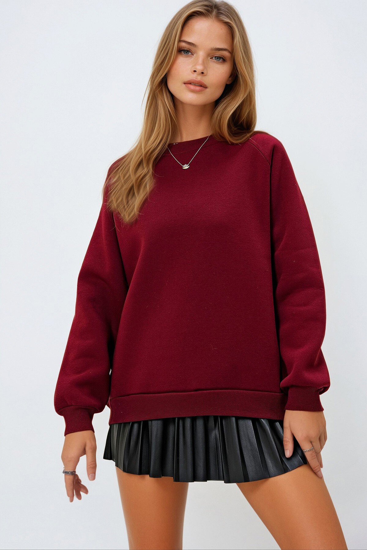 Bordo Bisiklet Yaka Reglan Kol Üç İplik Şardonlu Basic Sweatshırt
