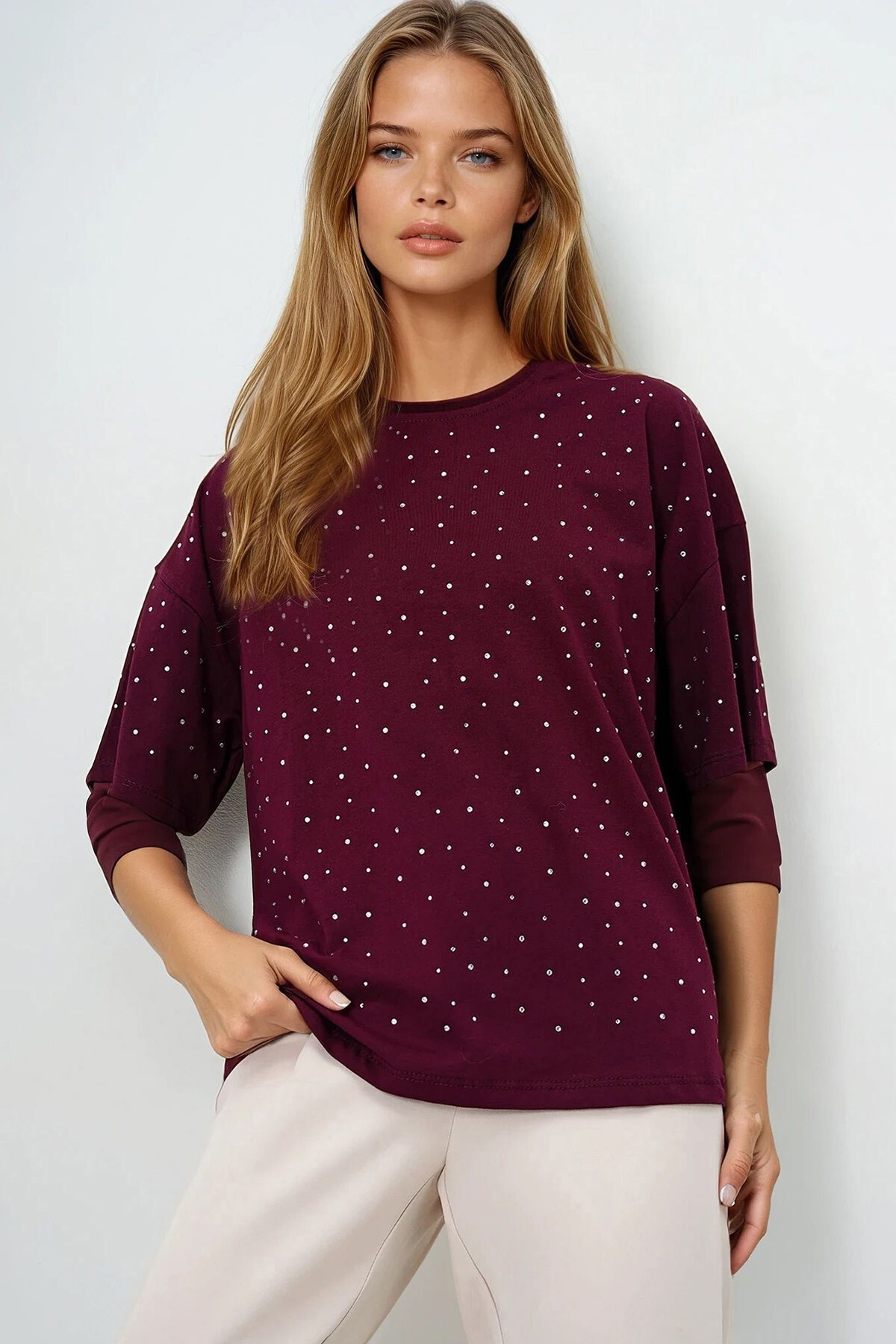 Bordo Bisiklet Yaka Taş İşlemeli Basic T Shırt