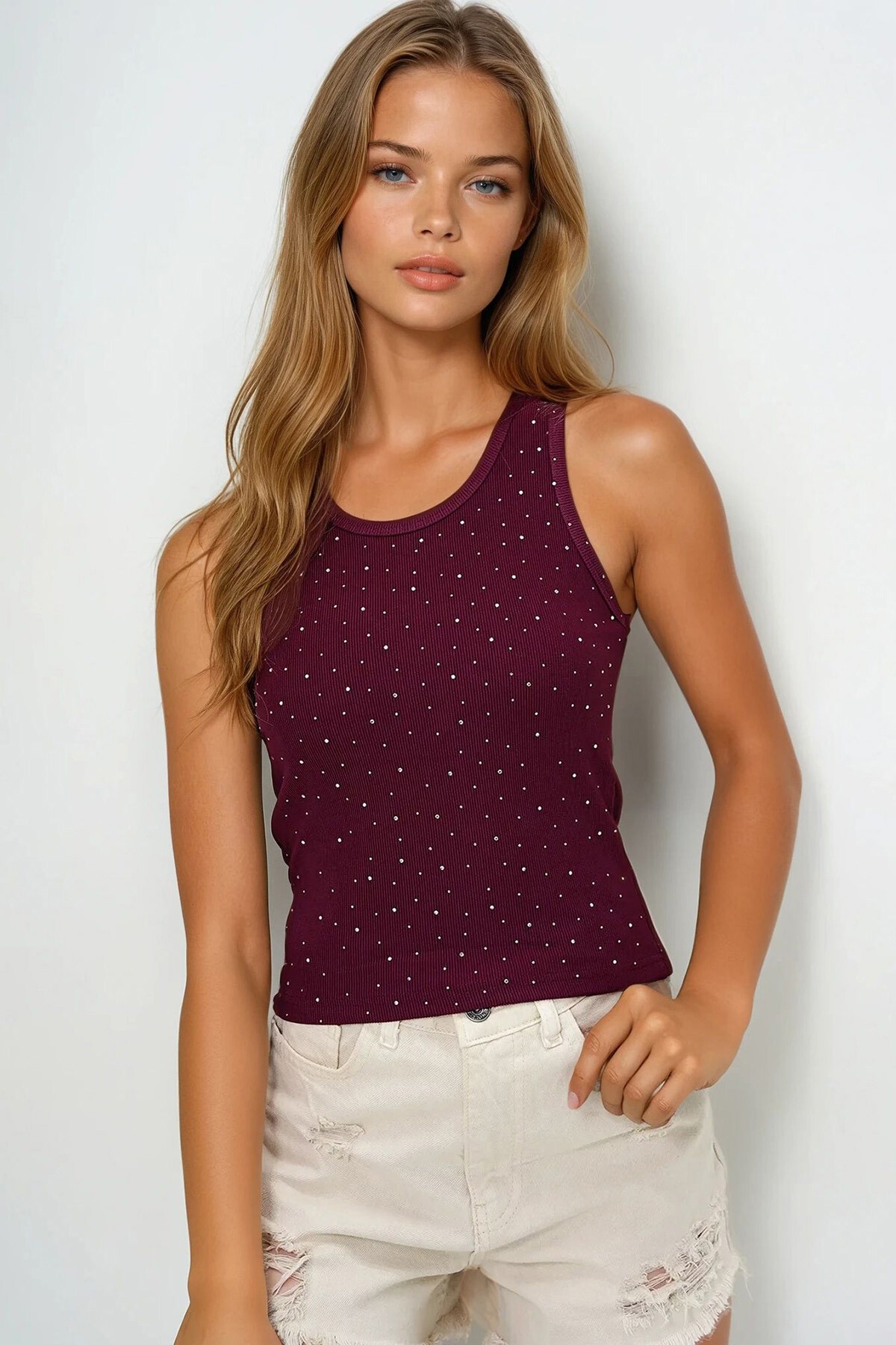 Bordo Bisiklet Yaka Taş İşlemeli Ottoban Askılı Bluz