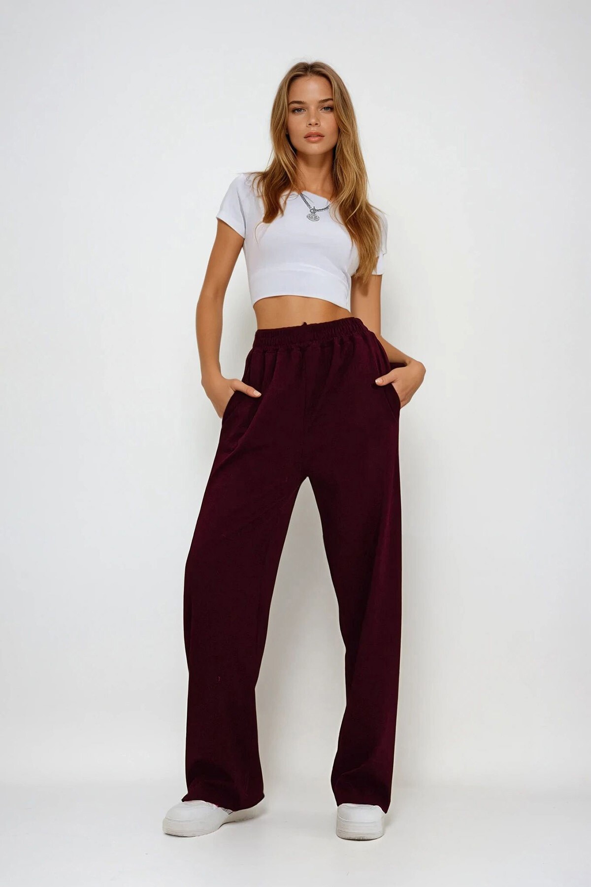 Bordo Çift Cepli Lastikli Yanları Şeritli Wide Leg Pantolon