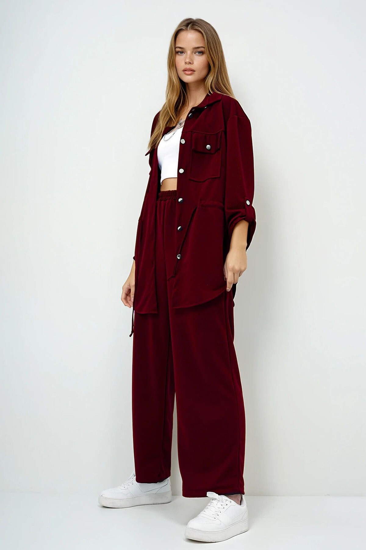 Bordo Çift Cepli Safari Ceket Ve Beli Lastikli Wide Leg Pantolonlu Krep Alt Üst Takım