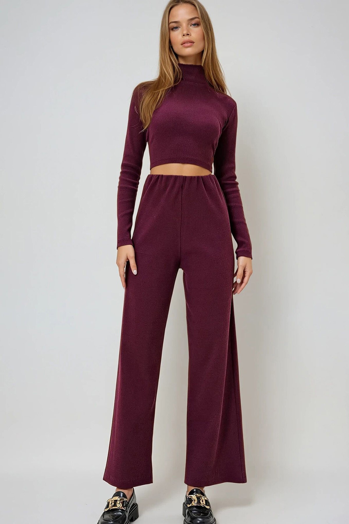 Bordo Dik Yaka Kaşkorse Krop Bluz Ve Pantolon Takım