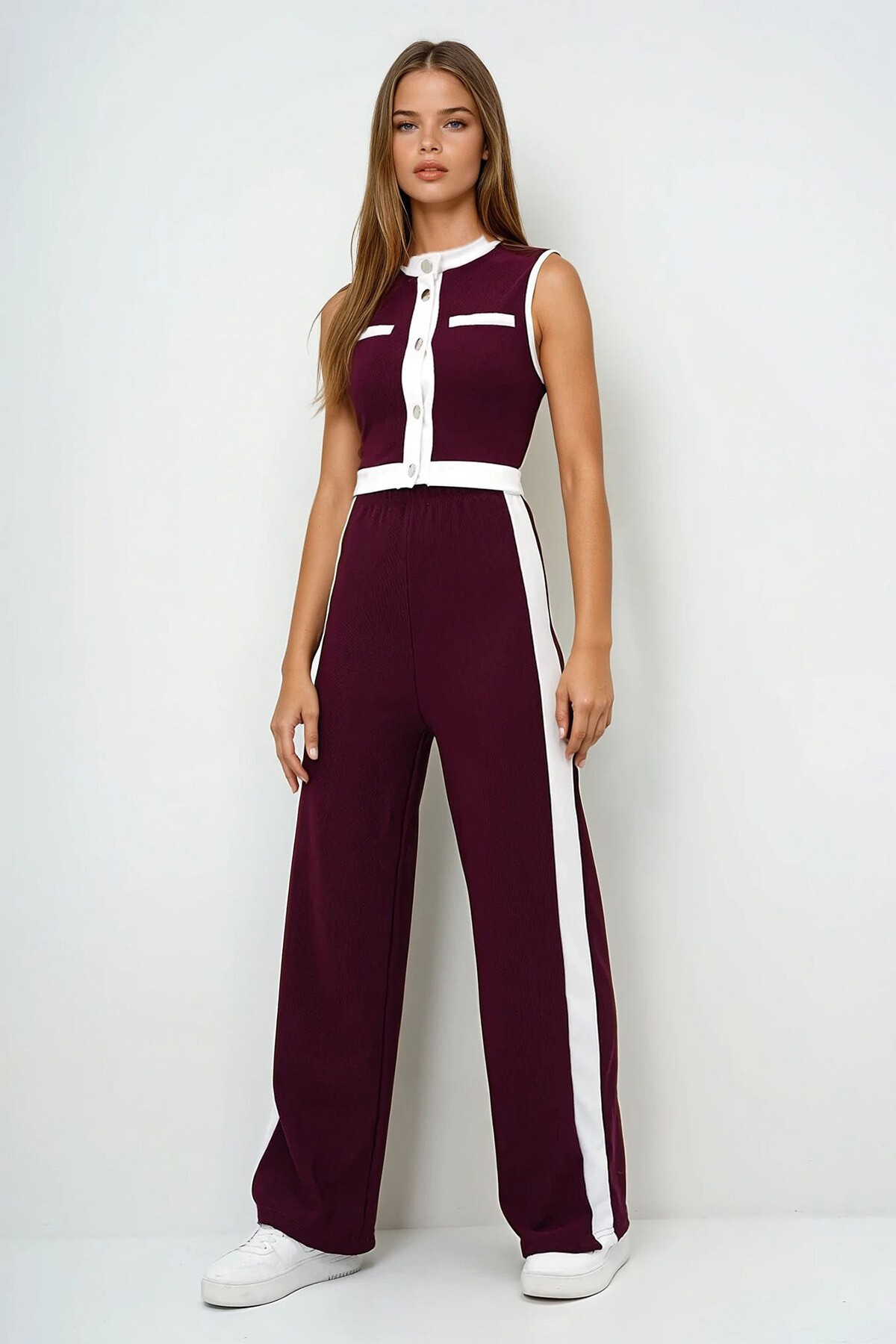 Bordo Dik Yaka Metal Düğmeli Renk Bloklu Crop Bluz Ve Palazzo Pantolon Takım