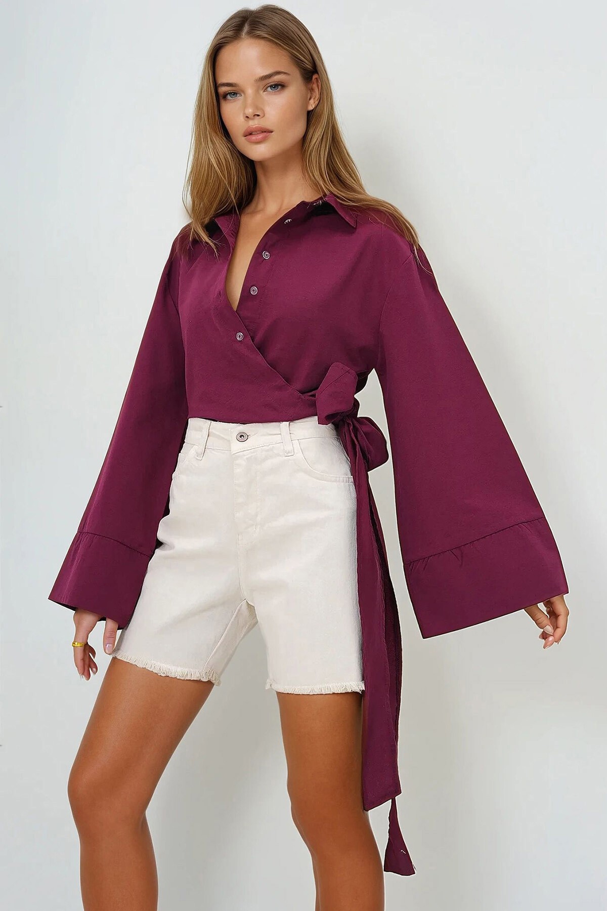 Bordo Geniş Manşetli Kol Detaylı Önü Bağlamalı Poplin Gömlek